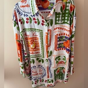 Vacation Resort Patchwork Print Rayon Long Sleeve Blouse cover up size Small NWT